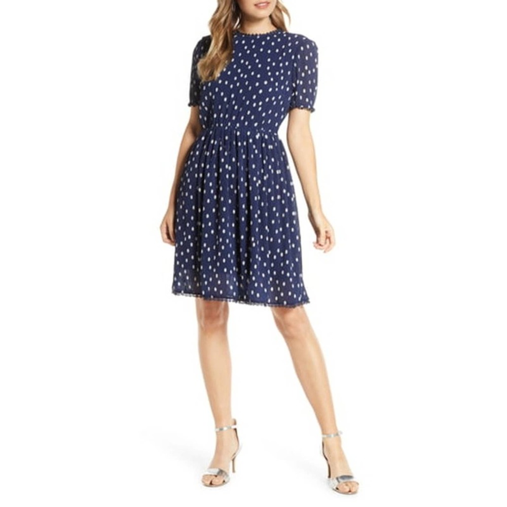 1901 blue polka dot chiffon fit and flare dress